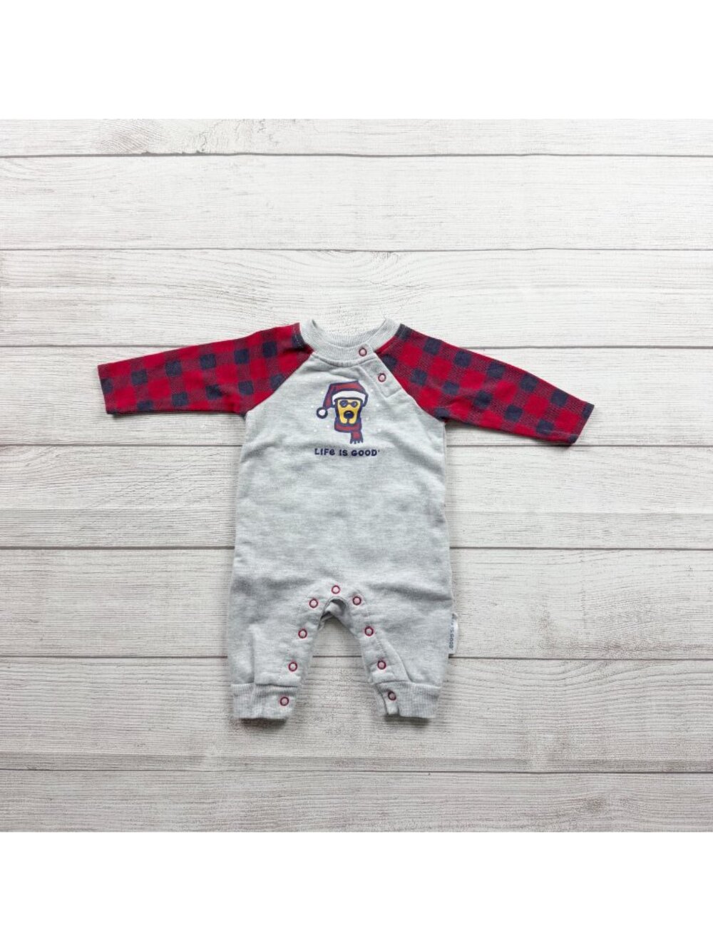 Life is Good Baby Romper Buffalo Plaid Holiday Dog One Piece 0-3 Months